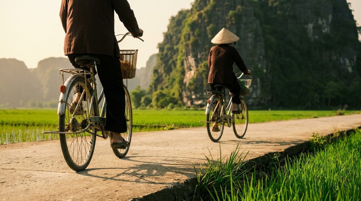 Two cyclists on a lane between rice fields and limestone peaks