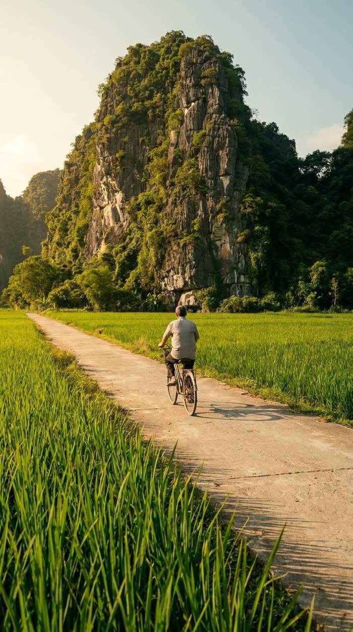 A lane through green rice below limestone peaks near Van Lam