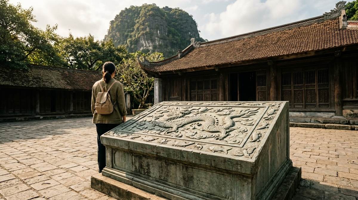 The courtyard and stone dragons before the temple of King Dinh Tien Hoang at Hoa Lu