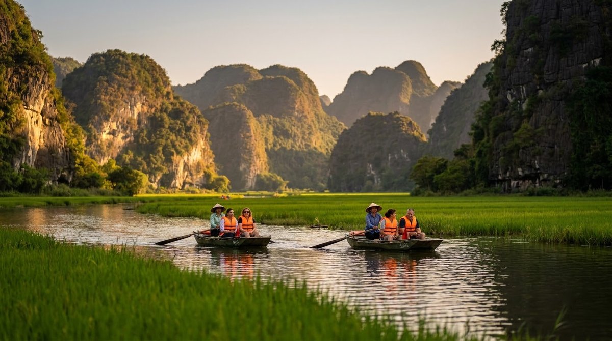 Sampans returning on the Ngo Dong in the late afternoon