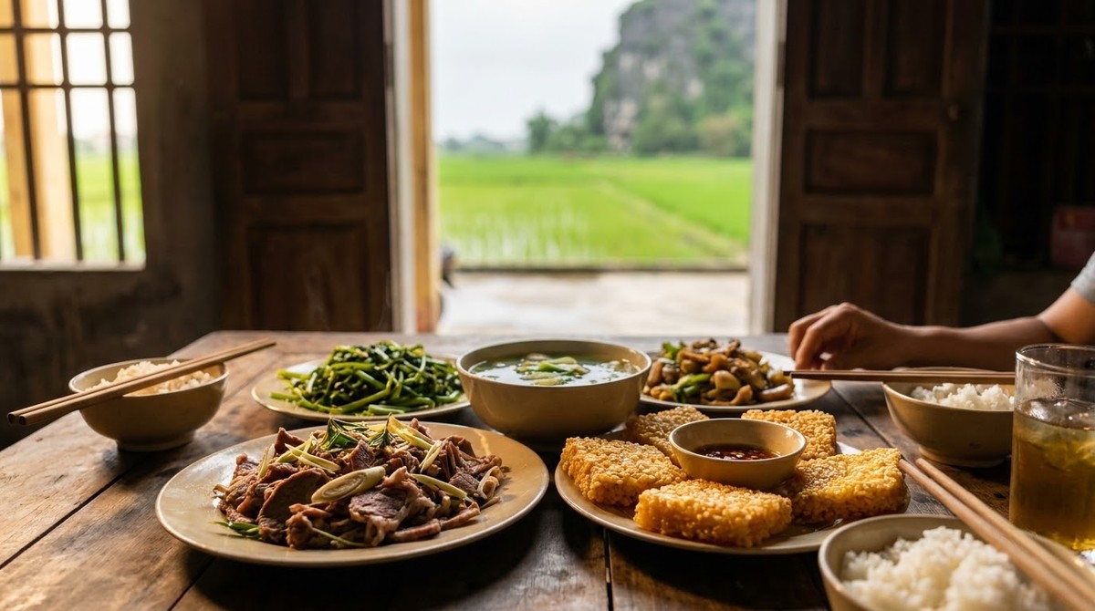 Lunch laid out on a family table in Van Lam: goat, crispy rice and greens